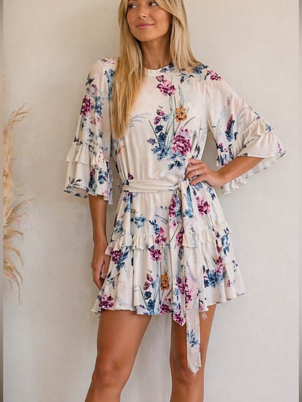 Label Of Love Floral Bird Peasant Ruffle‎ High Neck Tie Waist Mini Dress Size 10